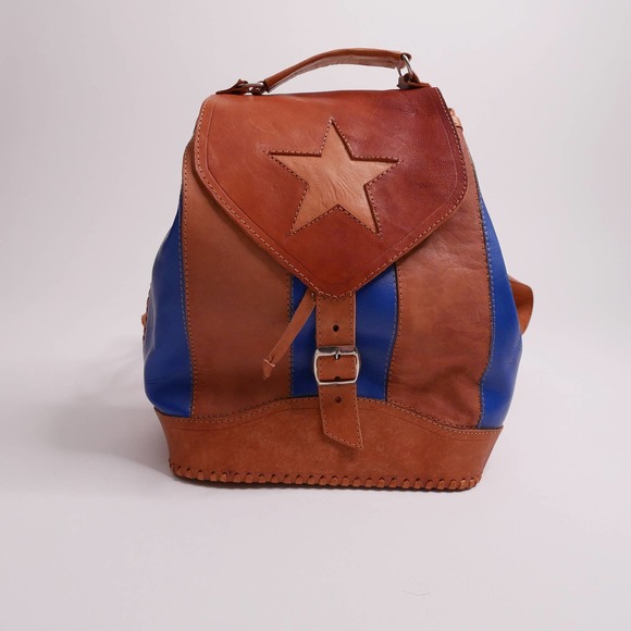 vintage leather backpack | Vintage Mexican patchwork camel tan leather  boho - Picture 2 of 9